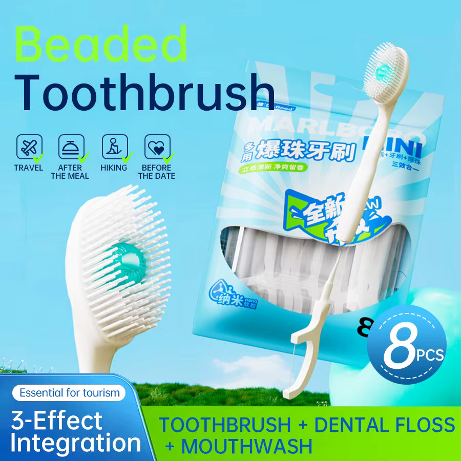 Portable and individually packaged 3-in-1 nano brush head toothbrush floss disposable toothbrush